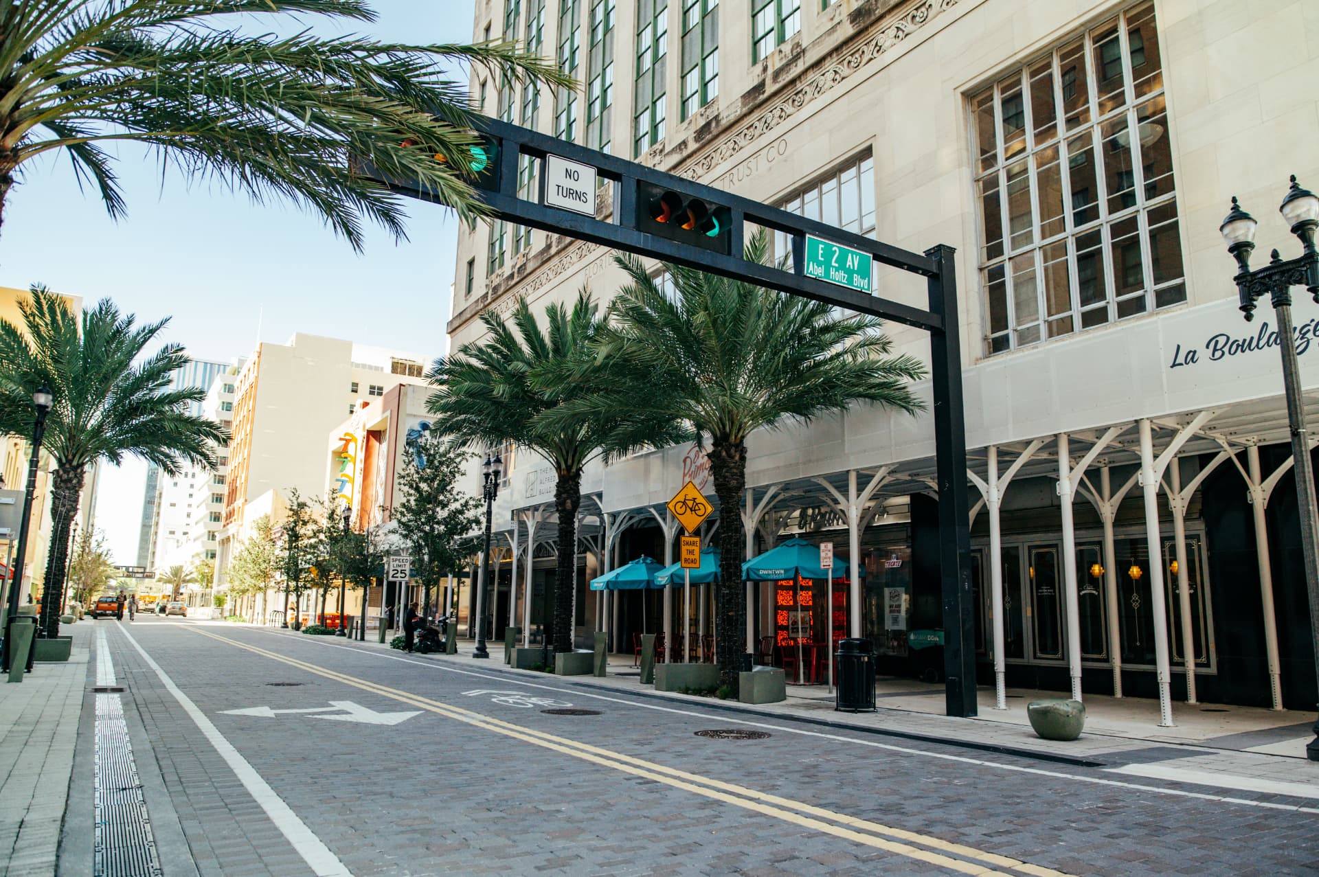 Quiet city street lined with palm trees